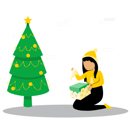 Girl opening christmas gift near christmas tree  Illustration