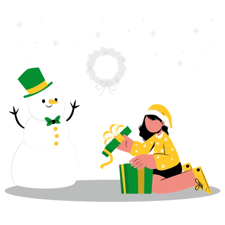 Girl opening christmas gift near snowman  Illustration
