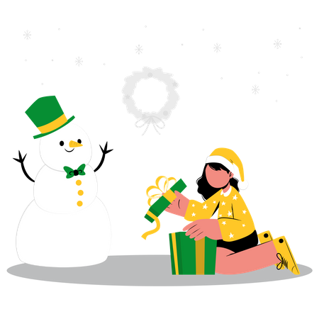 Girl opening christmas gift near snowman  Illustration