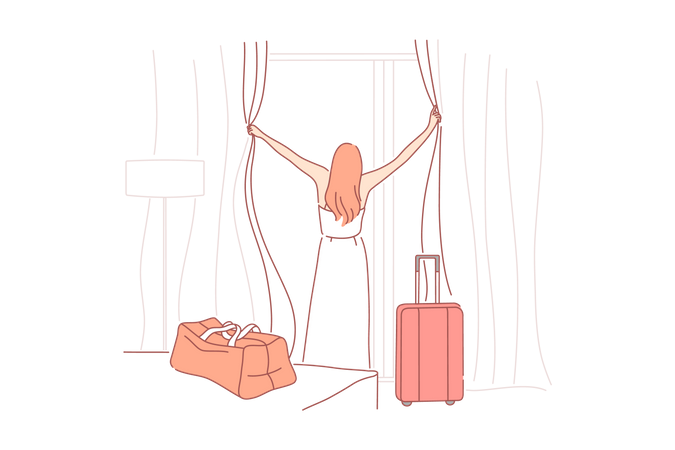 Girl opening curtain at hotel room  Illustration