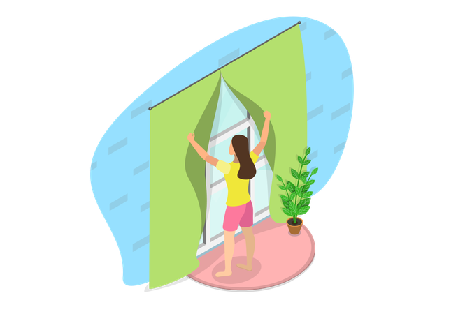 Girl opening her room for looking Morning View  Illustration
