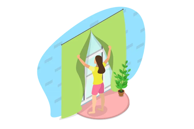 3 D Isometric Flat Vector Illustration Of Morning View Woman Opening Her Room Windows Illustration