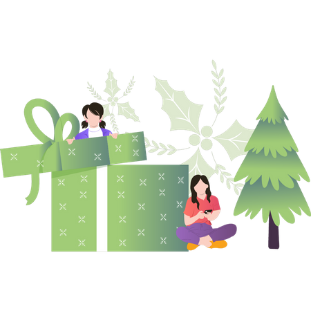 Girl opens Christmas presents  Illustration