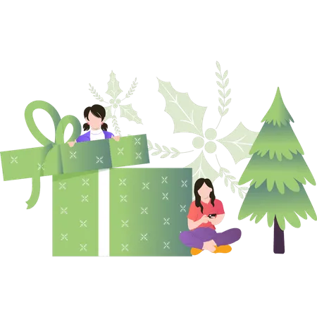 Girl opens Christmas presents  Illustration