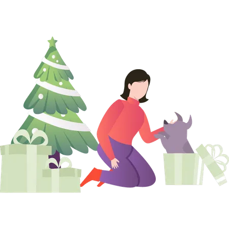 The Girl Opens The Gift Of A Pet Illustration