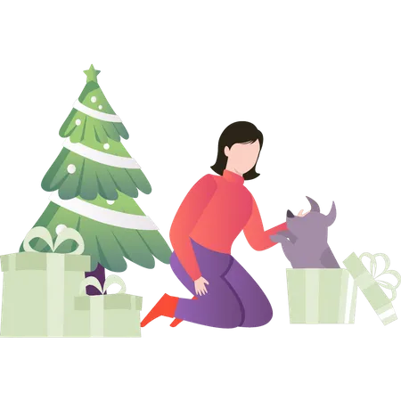 Girl opens gift of pet  Illustration