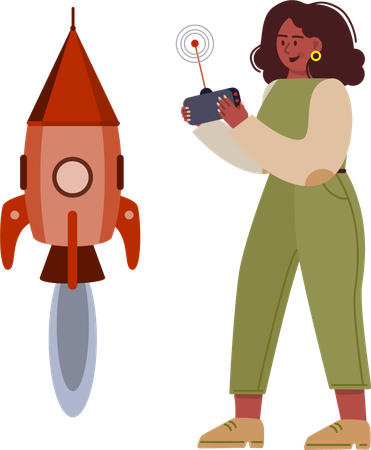 Girl operating rocket for launch  Illustration