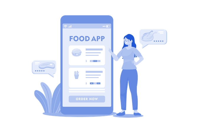 Girl Order Food From Mobile App  Illustration