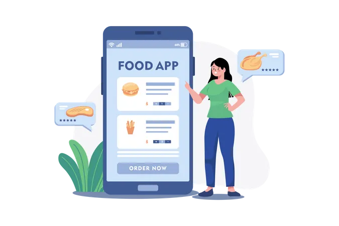 Girl Order Food from mobile app  Illustration