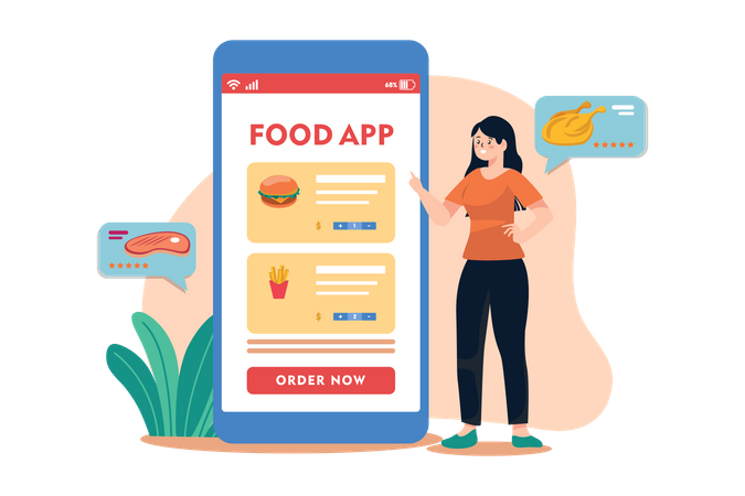 Girl Order Food from mobile app  Illustration