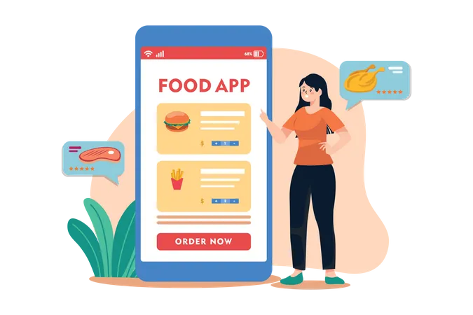 Girl Order Food from mobile app  Illustration