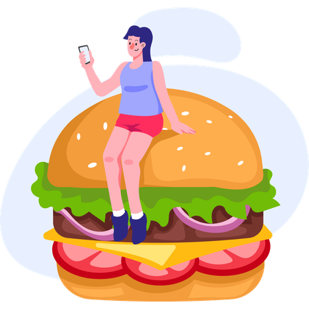 Girl ordering burger from online store  일러스트레이션