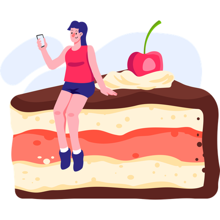 Girl ordering cake from online app  일러스트레이션