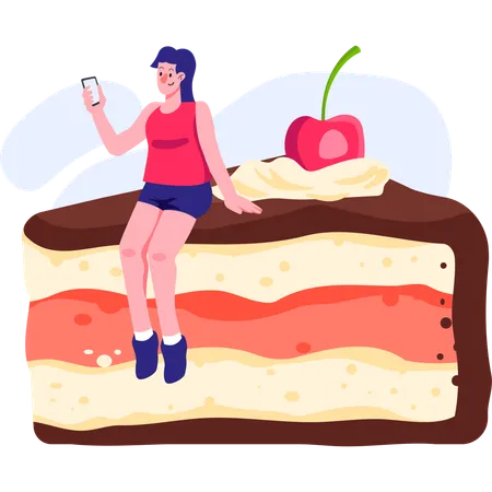 Girl ordering cake from online app  일러스트레이션