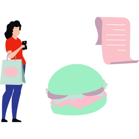 Girl ordering food online from mobile phone  Illustration