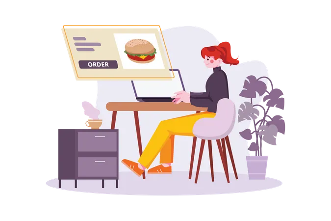 Girl ordering food online using laptop Illustration