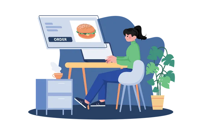 Girl ordering food online using laptop  Illustration
