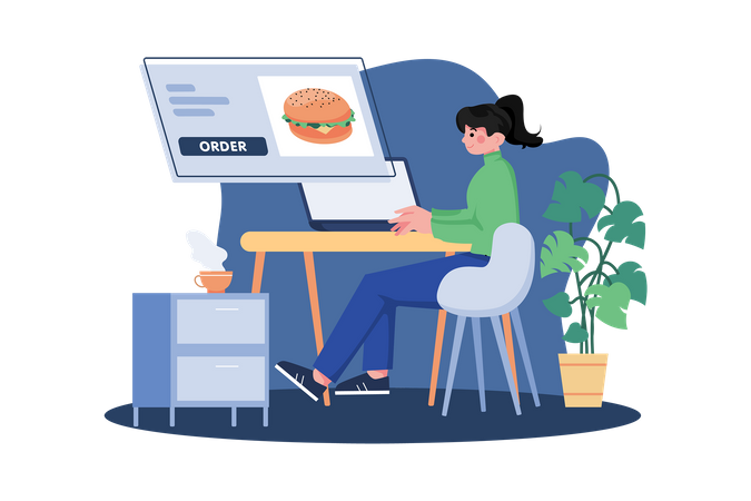 Girl ordering food online using laptop  Illustration