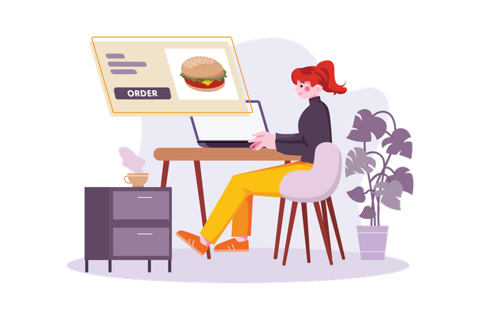 Girl ordering food online using laptop  Illustration