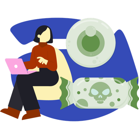 Girl ordering halloween cadies on laptop  Illustration