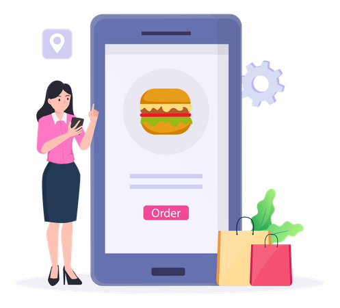 Girl Orders Burger From Website  Illustration