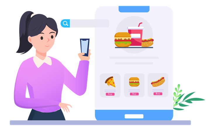 Girl Orders Online Food From Website  Illustration
