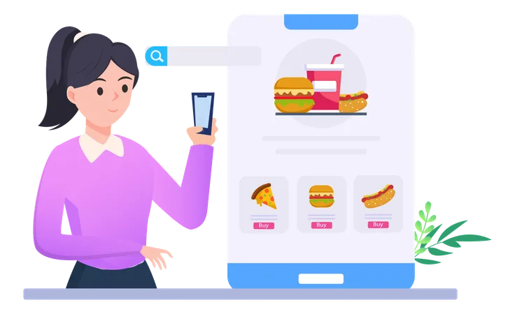 Girl Orders Online Food From Website  Illustration