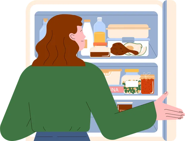 Girl Organized fridge and food storage for waste reduction  일러스트레이션