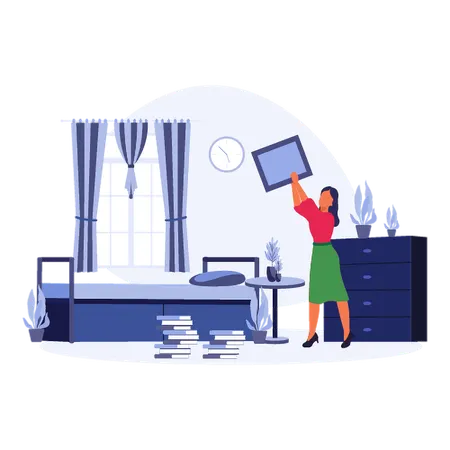Girl Organizing Campus Dorm Room  Illustration