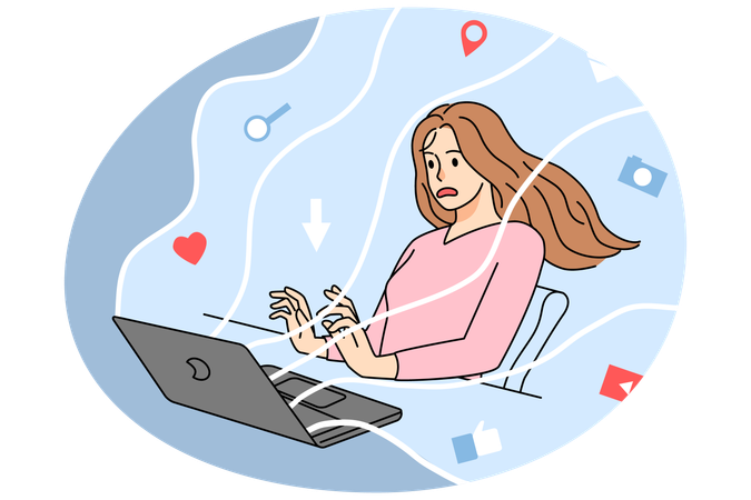 Girl overloaded with information browsing internet  Illustration