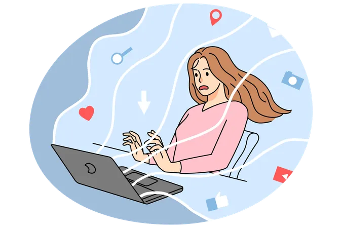 Girl overloaded with information browsing internet  Illustration