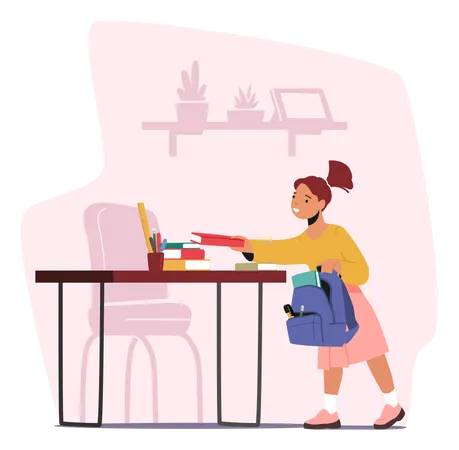 Girl Child Put Studying Supplies And Textbooks In Backpack Student Character With Book In Hand Prepare To Learning In College Back To School Education Concept Cartoon People Vector Illustration Illustration