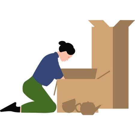 Girl packing crockery into boxes Illustration