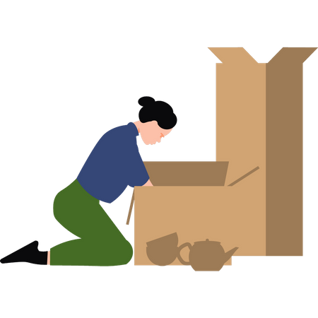 Girl packing crockery into boxes  Illustration