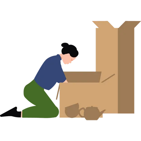 Girl packing crockery into boxes  Illustration