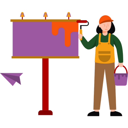 Girl painting advertising billboard  Illustration