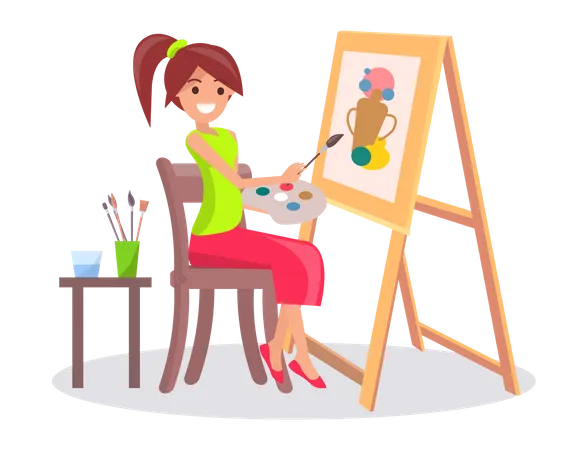 Art School Of Human Creativity Woman Paints Still Life With Brush On Canvas Female Artist Draws Picture On Easel Creates Sketch Of Still Life Program For Drawing Lessons And Creativie Classes Illustration