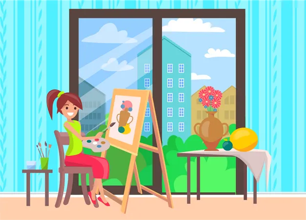 Girl painting on a canvas  일러스트레이션