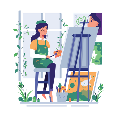 Girl painting on canvas Illustration
