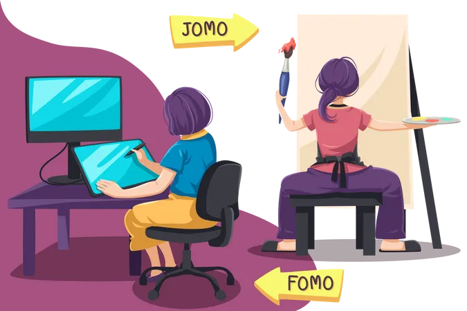 Girl painting on canvas and other girl designing online  Illustration