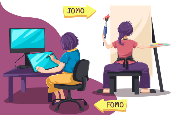 Girl painting on canvas and other girl designing online  Illustration