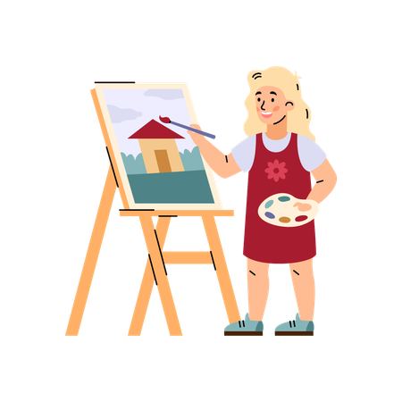 Girl painting on canvas at easel  Illustration