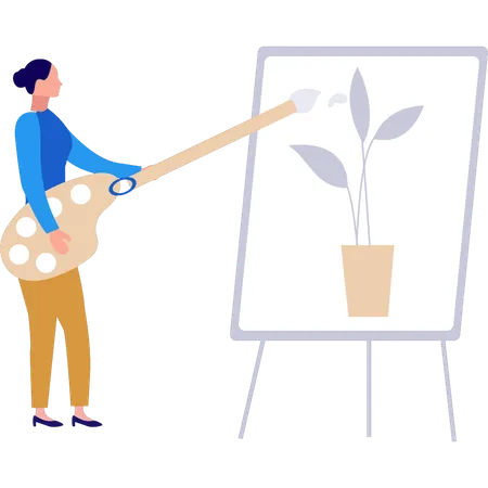 The Girl Is Painting A Plant On The Board Illustration