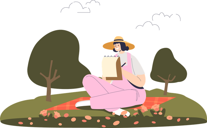 Girl painting while sitting on grass in park  Illustration