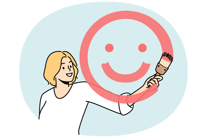 Girl paints smiling face with brush and red paint  Illustration