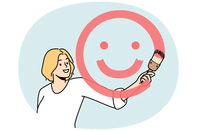 Girl paints smiling face with brush and red paint  Illustration