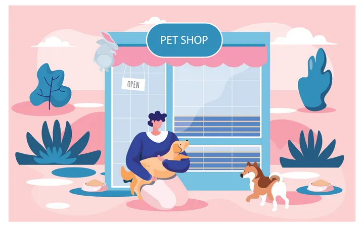 Girl pampering dog near pet shop  Illustration