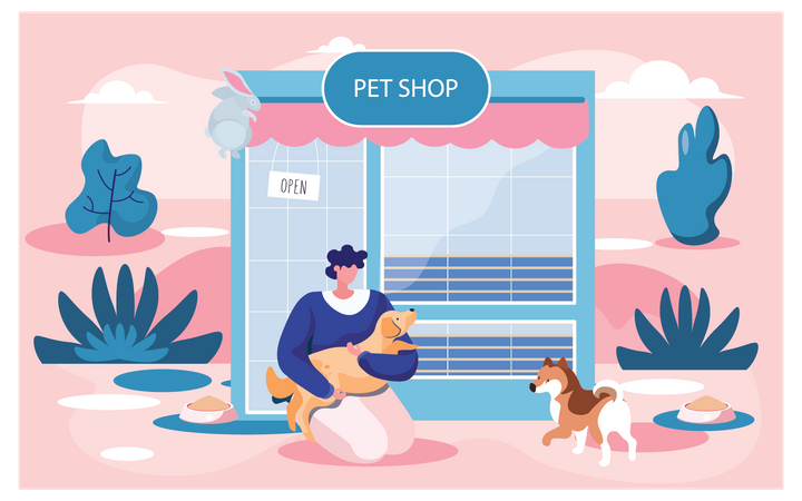 Girl pampering dog near pet shop  Illustration