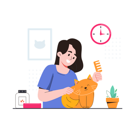 Girl pampering her pet cat Illustration