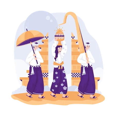 Illustration Of Melasti Traditional Ceremonies Celebrate Nyepi Day In Bali 일러스트레이션